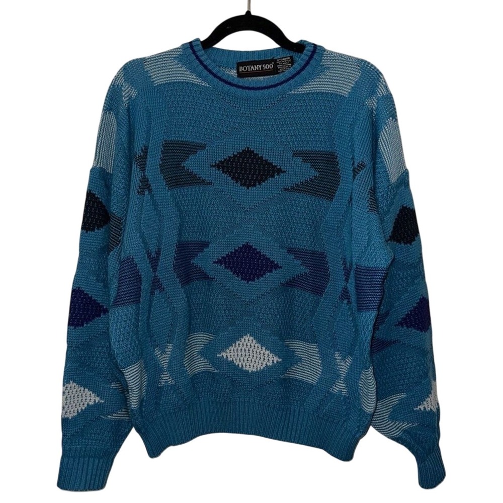 Vintage Botany 500 Blue Geometric Knit‎ Sweater Mens XL 90s Textured Crewneck